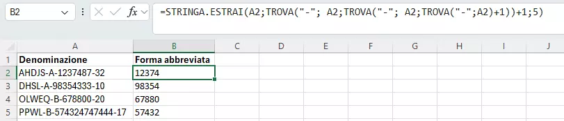 Combinazione delle funzioni STRINGA.ESTRAI e TROVA