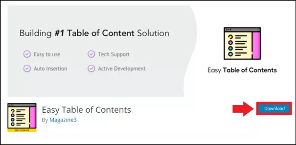 Pagina di download per il plugin “Easy Table of Contents”