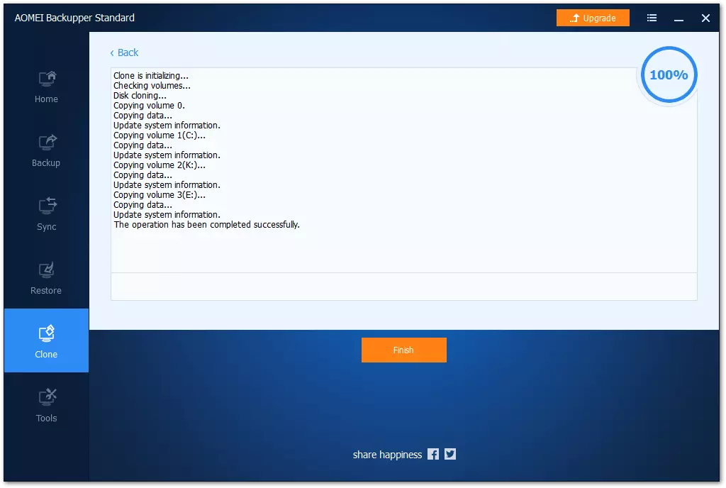 AOMEI Backupper Standard: indicazione del completamento della clonazione
