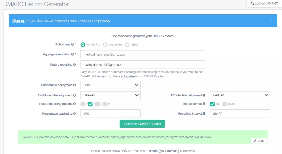 Screenshot dello strumento DMARC Record Generator di easydmarc