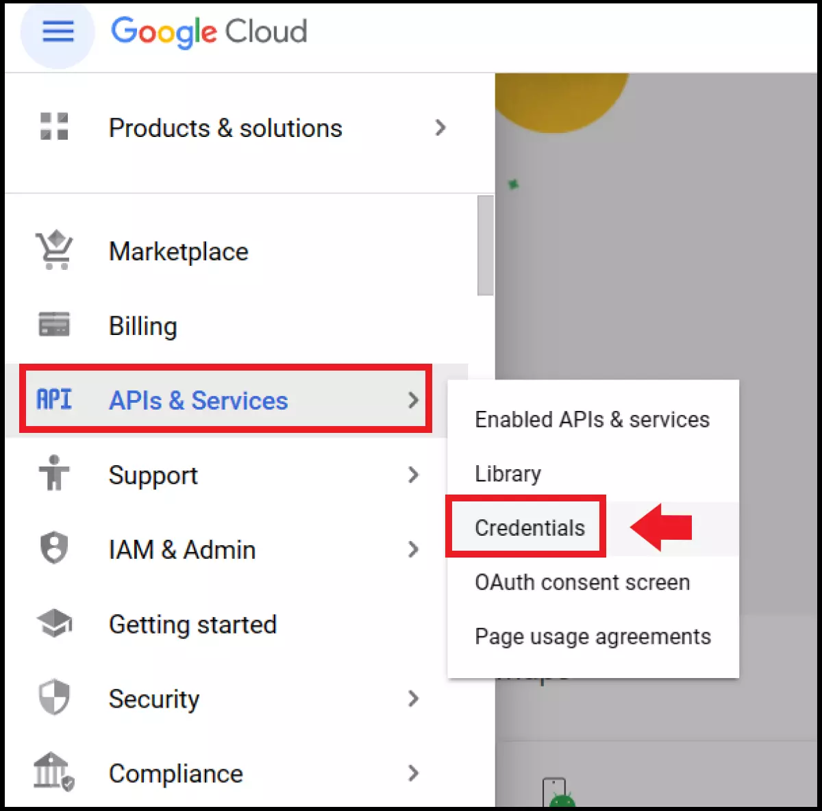 Il menu di Google Cloud con le voci evidenziate “Credentials” (Credenziali) e “API & Services” (API e servizi)