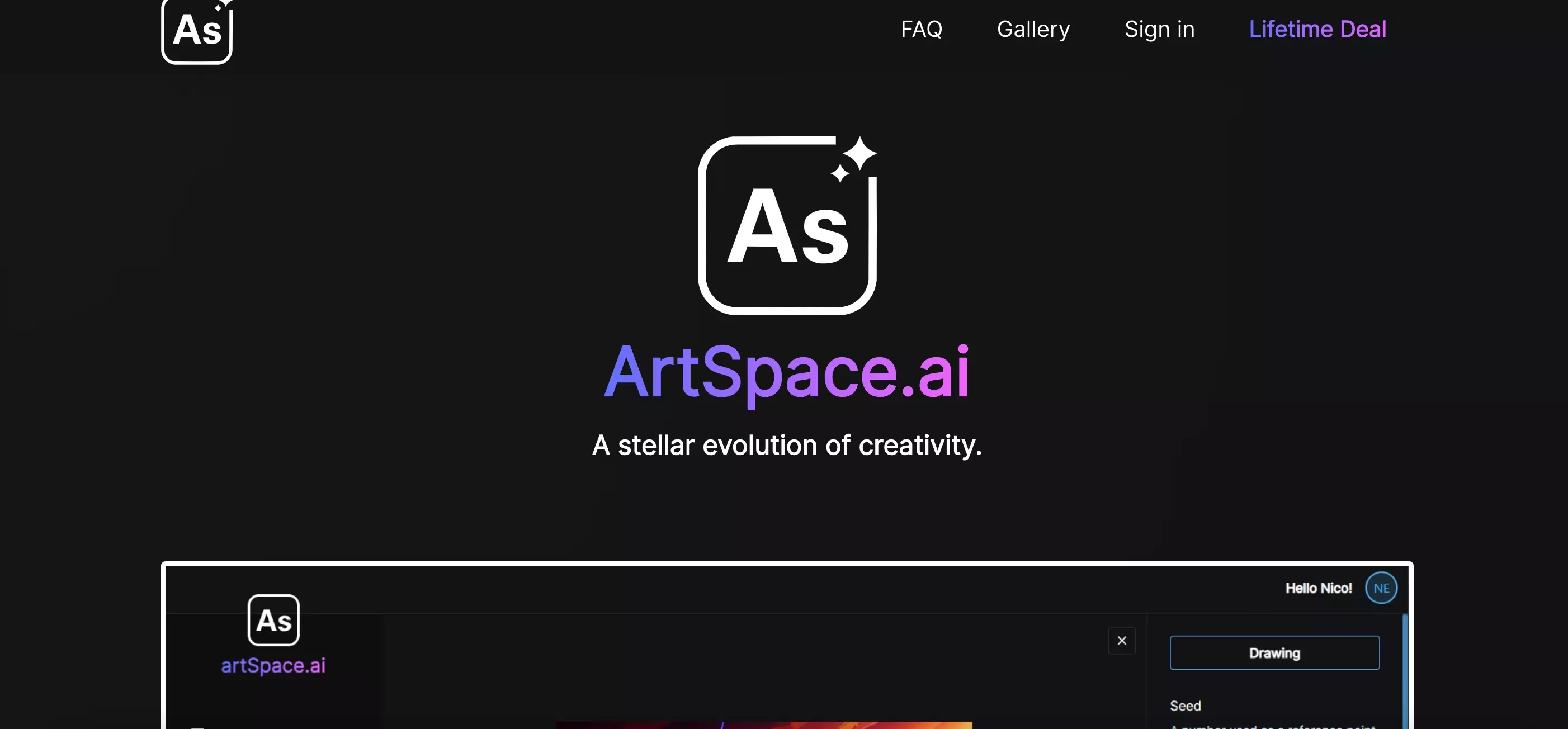 Screenshot del sito web di ArtSpace.ai