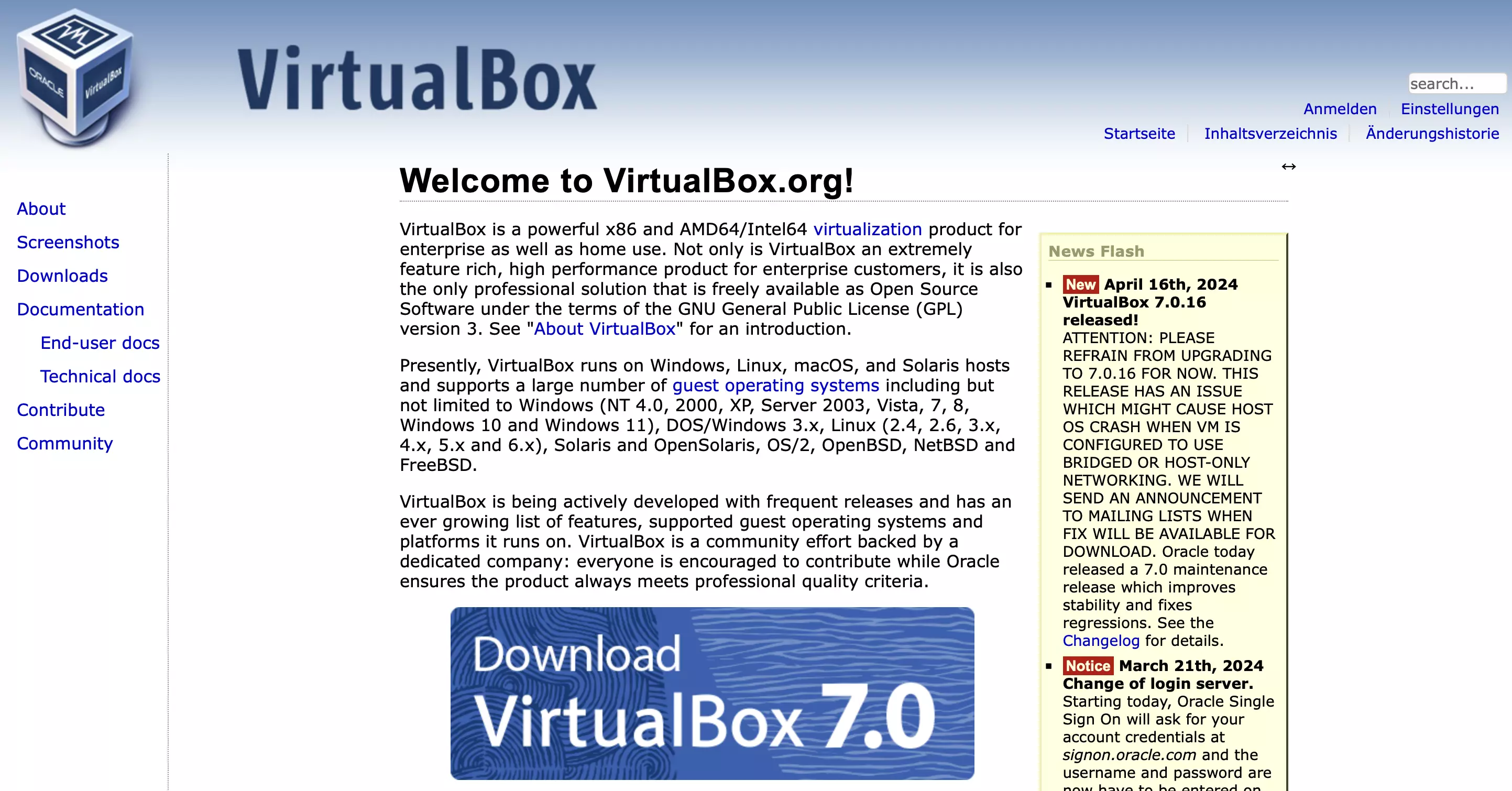 Schermata del sito di Oracle VirtualBox