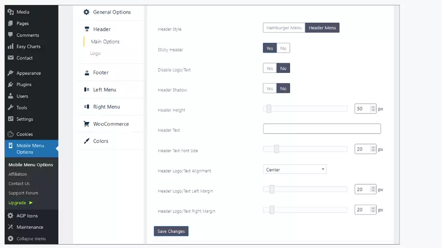 L’interfaccia admin del plugin di WordPress WP Mobile Menu