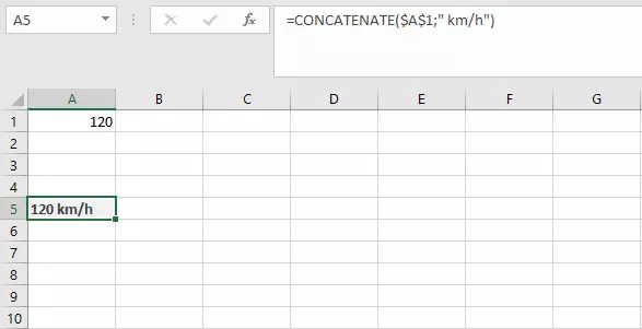 Funzione di Excel CONCATENA con riferimento di cella e testo