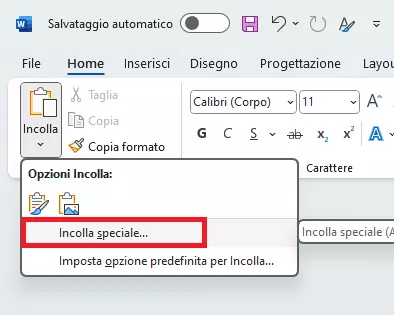 Incolla speciale di Word