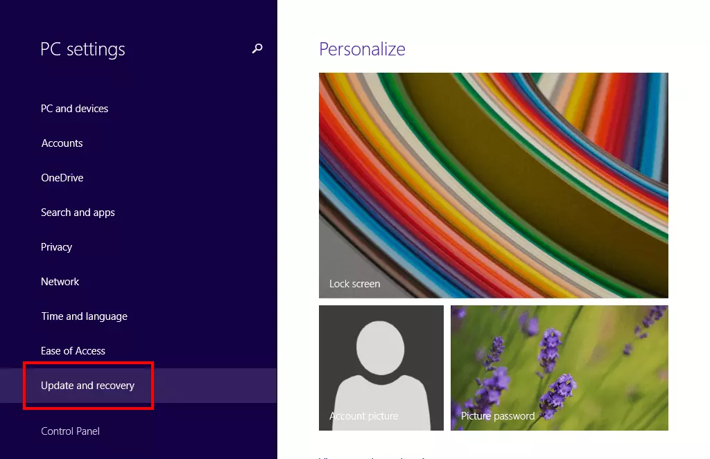 Impostazioni PC di Windows 8 con la voce “Aggiorna e ripristino”