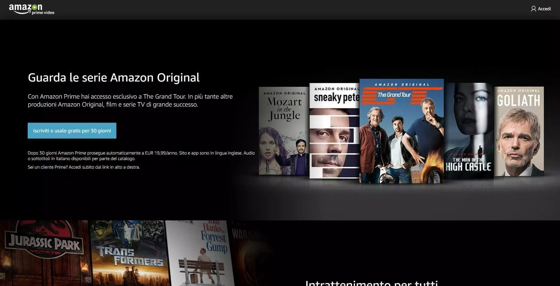 Screenshot della pagina d’iscrizione ad Amazon Prime Video in italiano