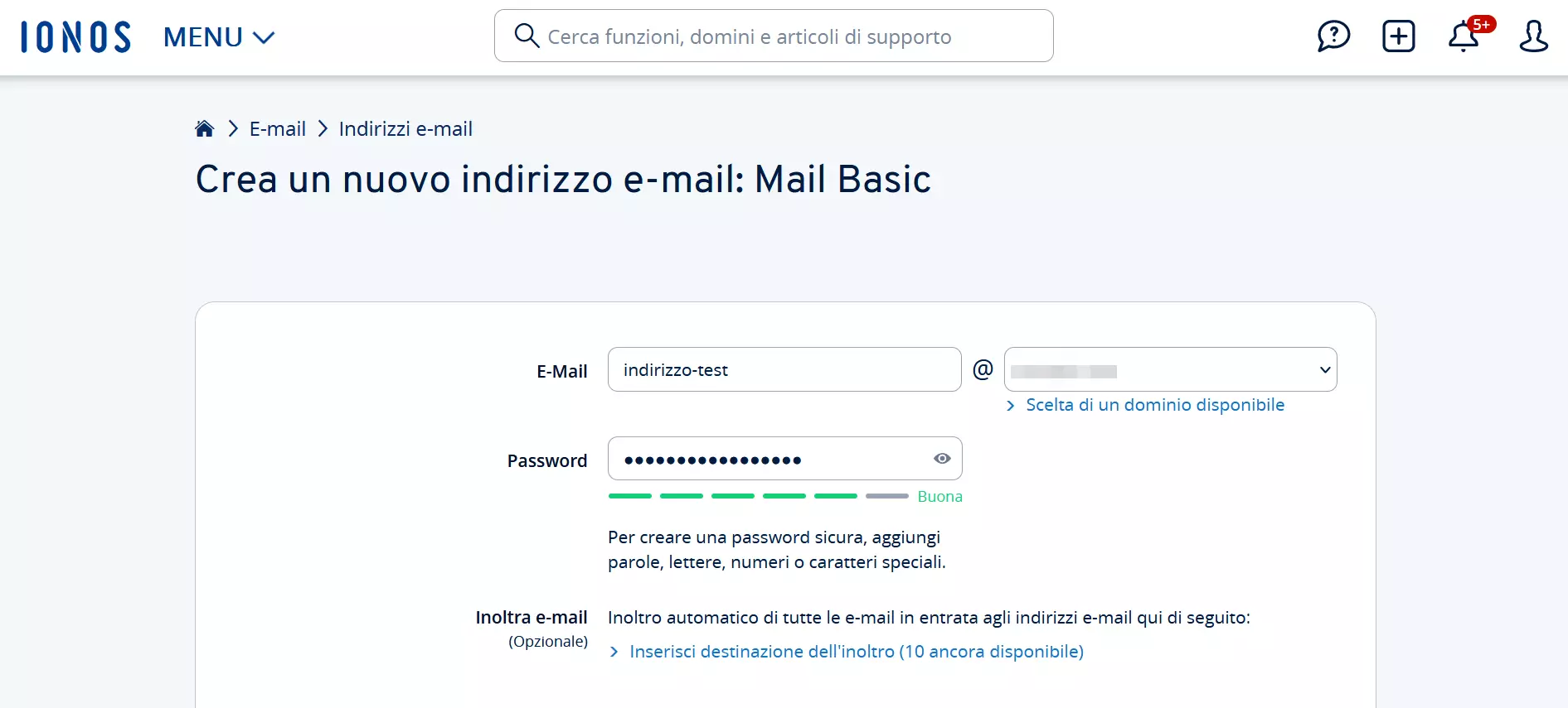 Creazione di un nuovo indirizzo e-mail nel pannello di controllo IONOS