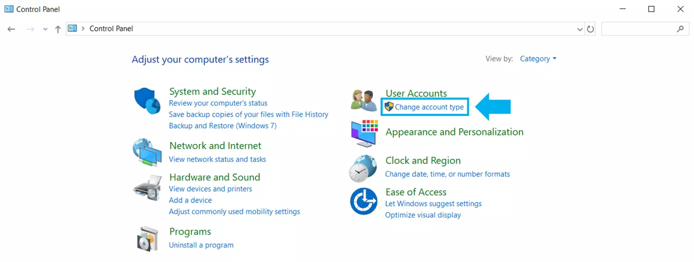 Panoramica del pannello di controllo con l’opzione modifica tipo di account.