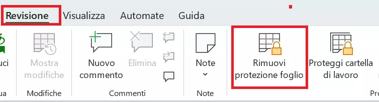 Menu “Revisione” > “Rimuovi protezione foglio”