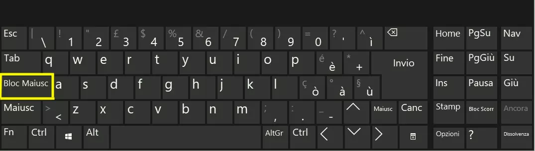 Tasto BLOC MAIUSC sulla tastiera del computer