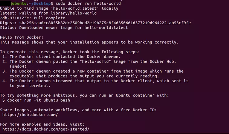 Output del terminale dopo l’esecuzione del comando “sudo docker run hello-world”