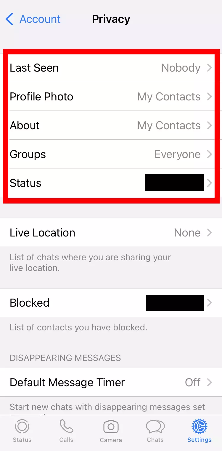 Screenshot da un iPhone della sezione “Privacy” su WhatsApp