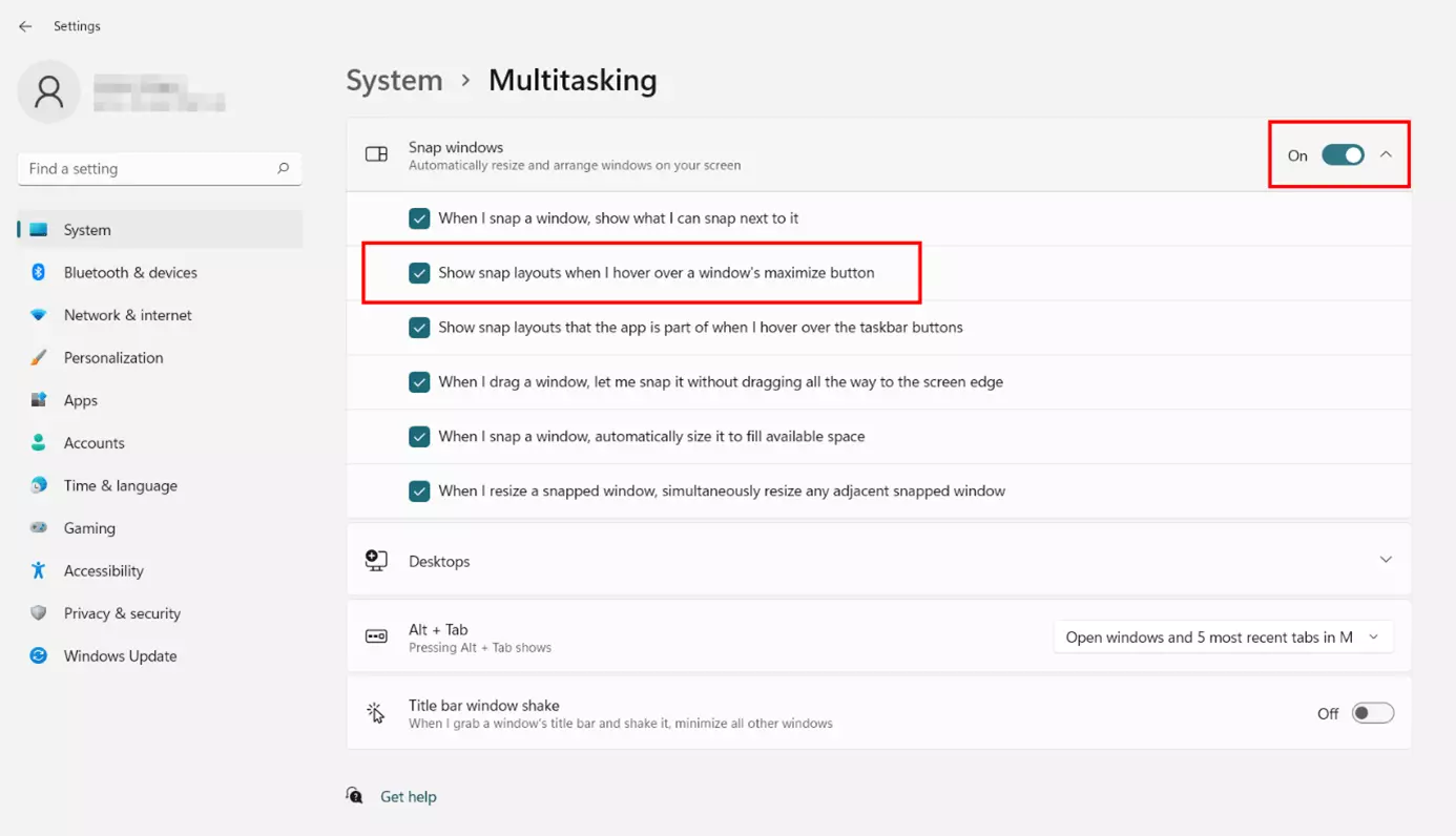 Windows 11: funzione Snap nel menu “Multitasking”