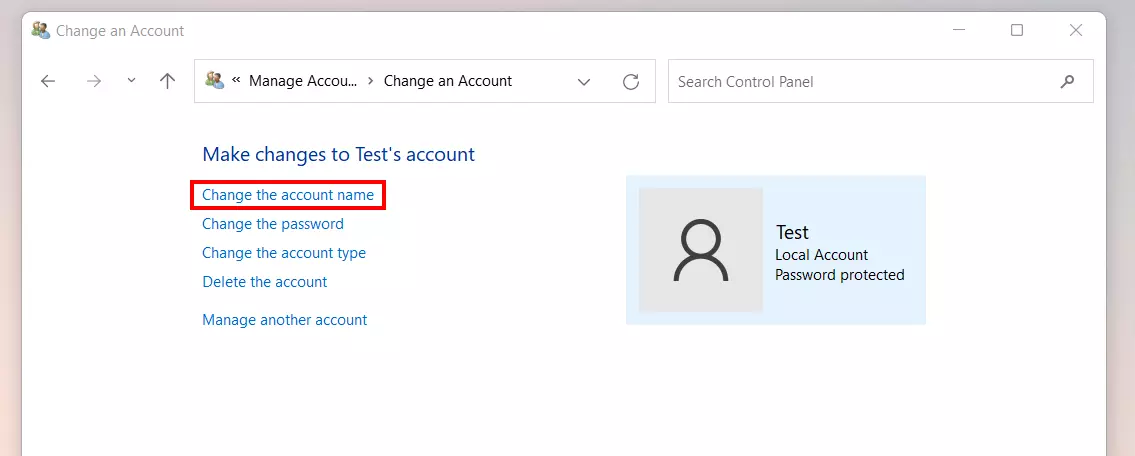 Finestra di Windows “Modifica dell’account utente“