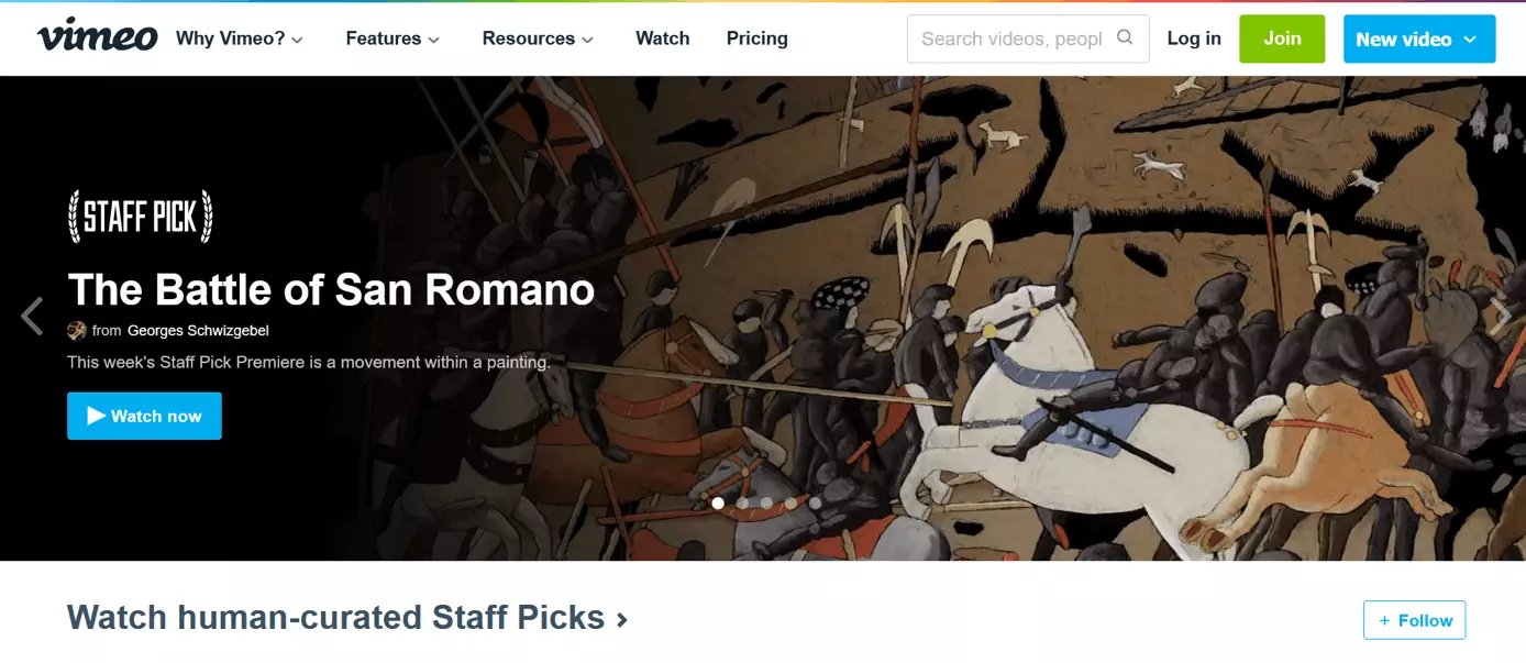 Screenshot della pagina iniziale di Vimeo