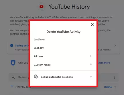 Finestra di dialogo “Elimina Attività di YouTube”