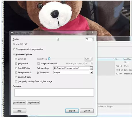 GIMP: esportare immagini come JPEG