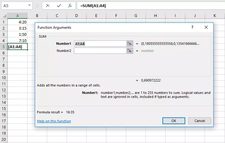 Finestra con possibilità di inserimento per la funzione SOMMA per eseguire in Excel l’addizione delle ore