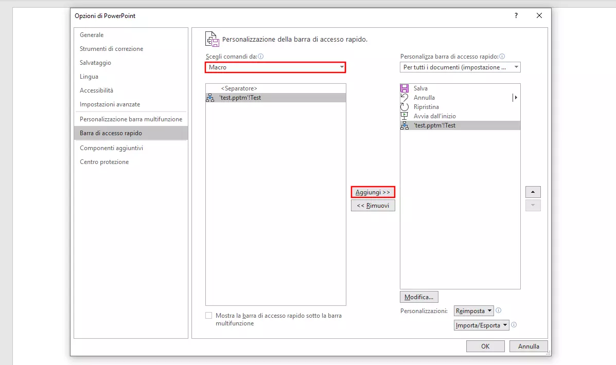 Menu “Barra di accesso rapido” in PowerPoint 365