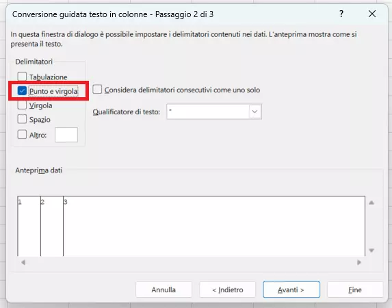 Excel: conversione guidata del testo “Passaggio 2 di 3”