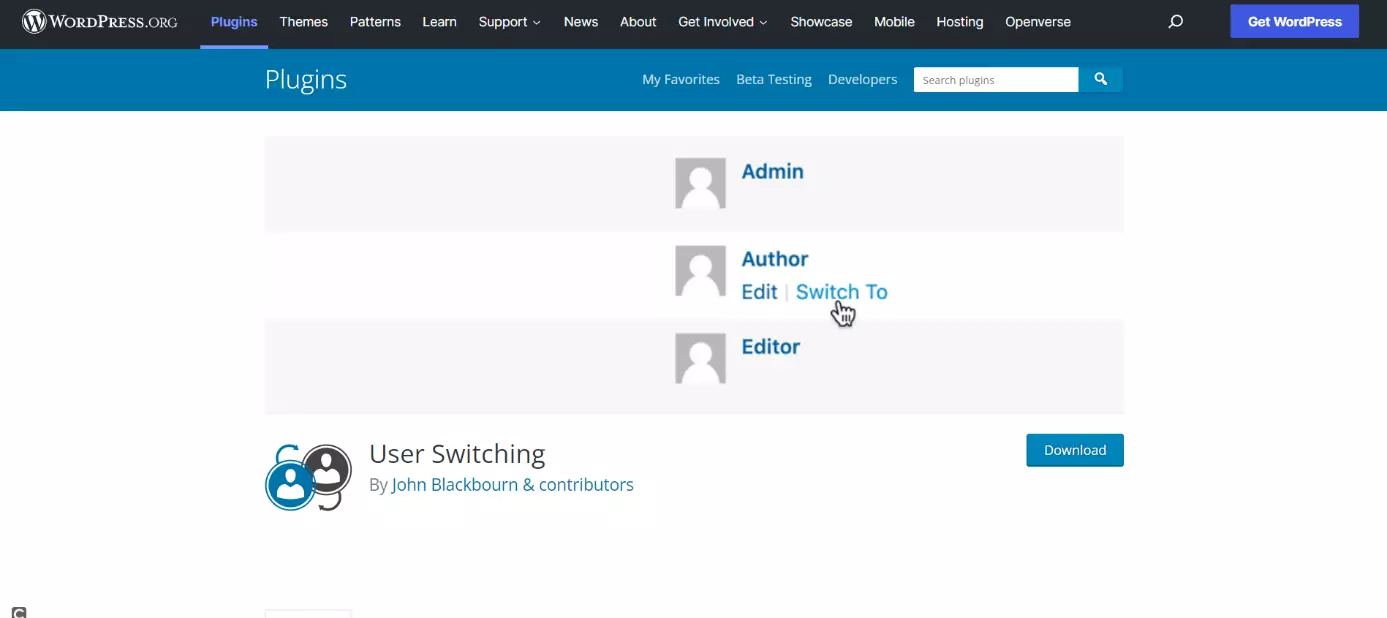 Pagina web del plugin User Switching