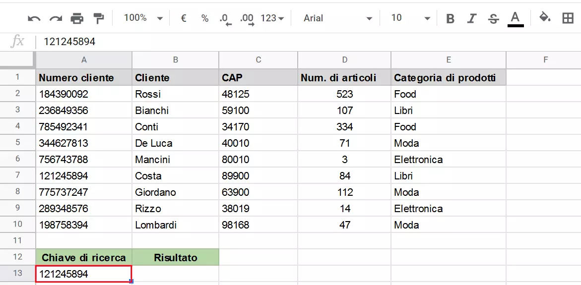 Chiave di ricerca definita con Fogli Google