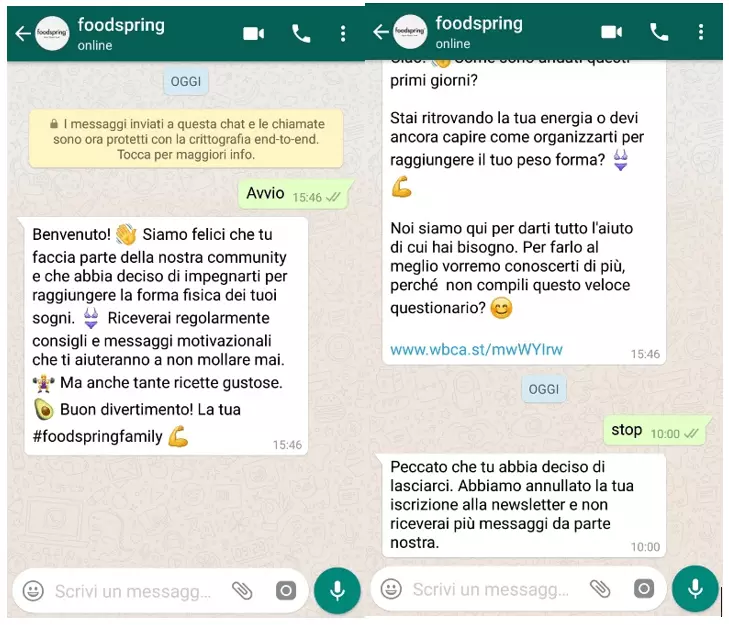 Esempi di attivazione e disattivazione di newsletter su Whatsapp