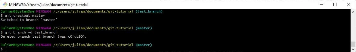 Cambio di branch e rimozione tramite Git Bash