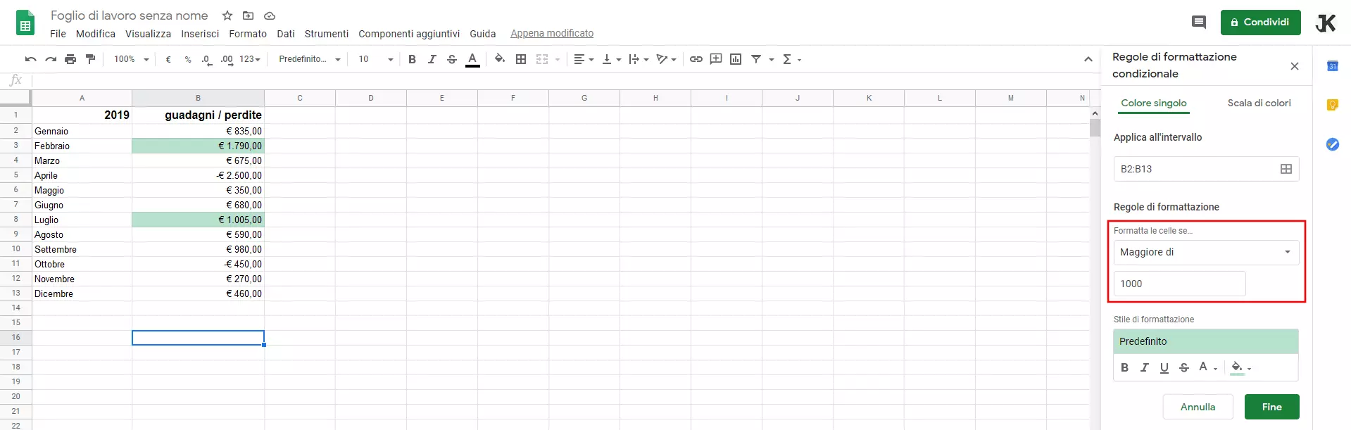 Fogli Google: formattazione condizionale (regola)