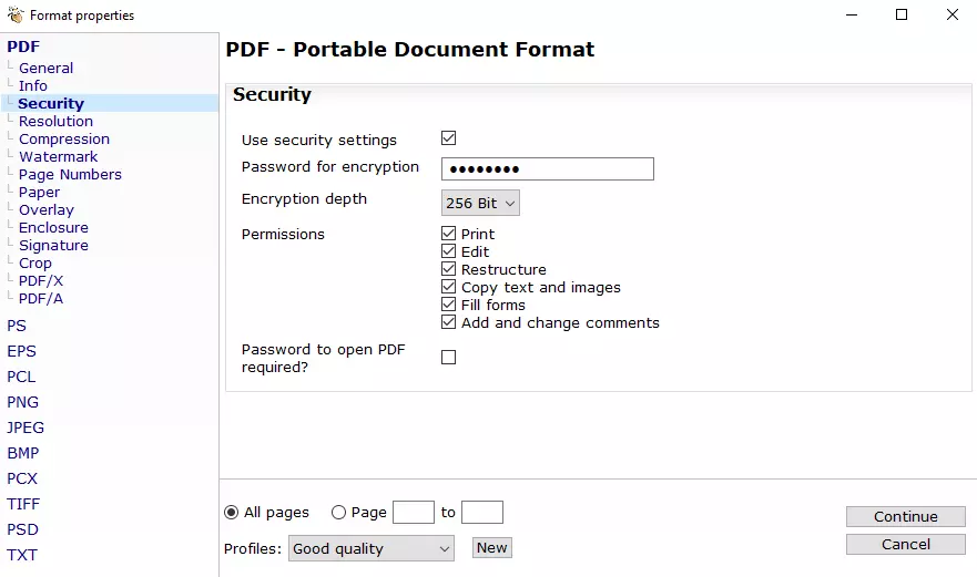 PDF24 Creator: menu “Security”