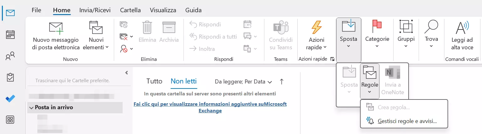 La barra dei menu di Outlook 365: il menu a discesa “Regole”