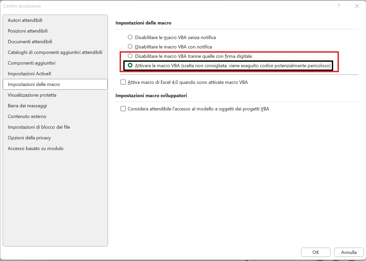 Impostazioni delle macro nel Centro protezione di Excel