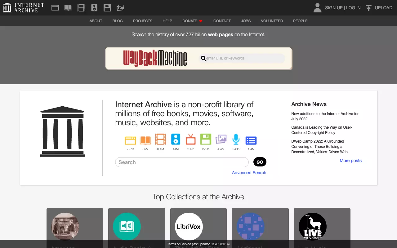 Homepage del sito web Internet Archive