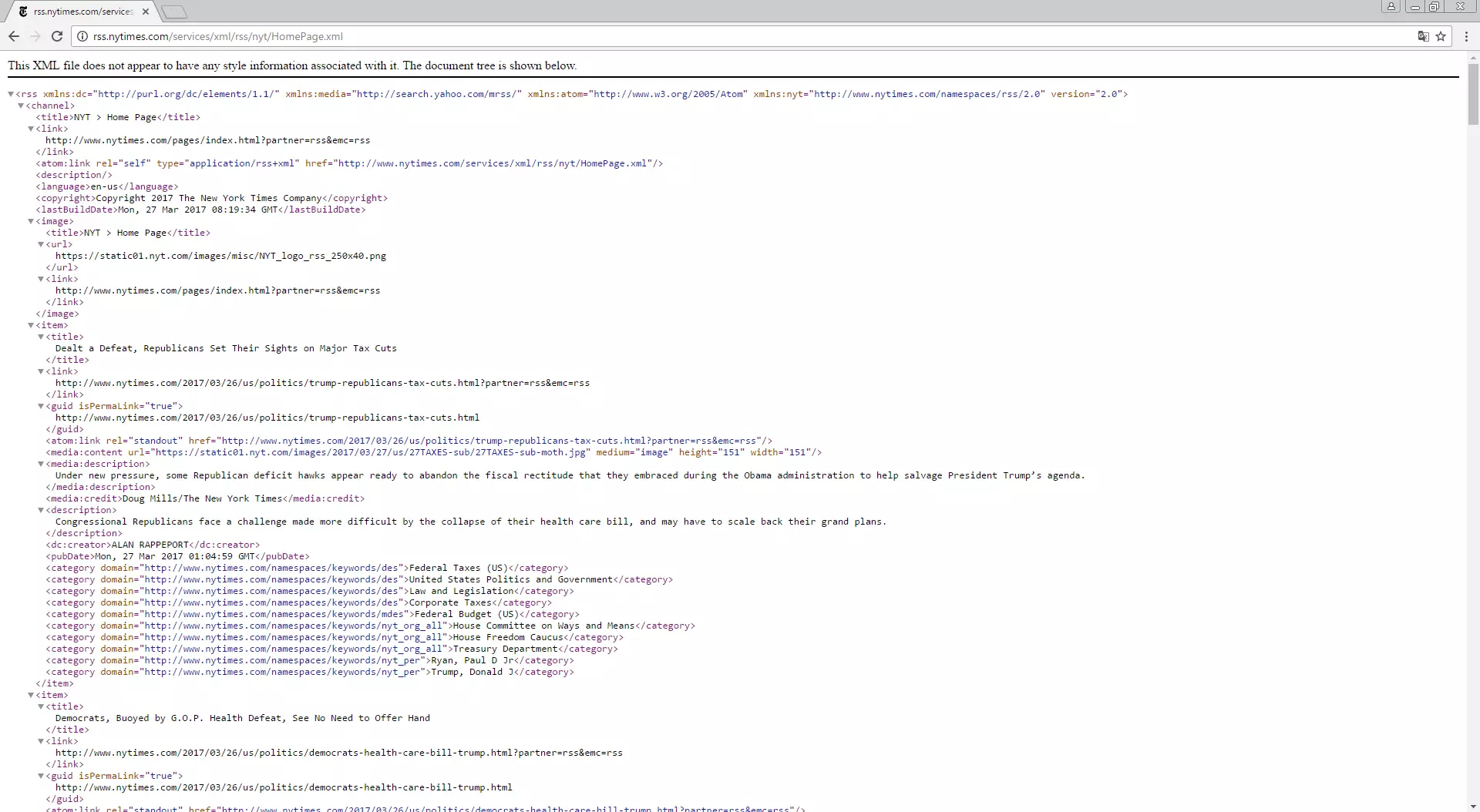 Rappresentazione del feed RSS del NYT su Google Chrome