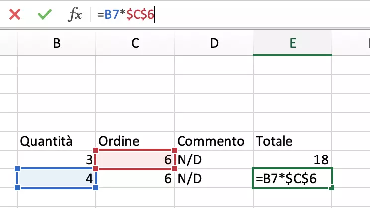 Esempio di utilizzo del simbolo $ in Excel