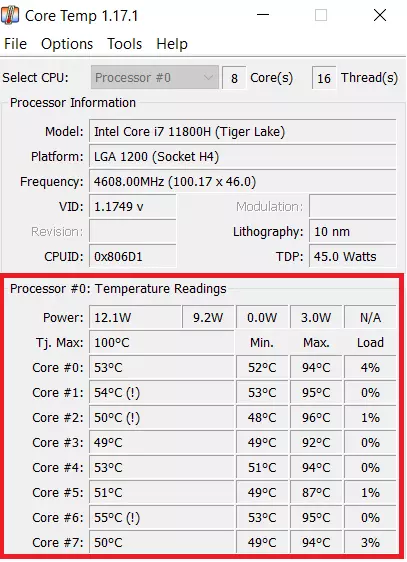 Visualizzazione di Core Temp