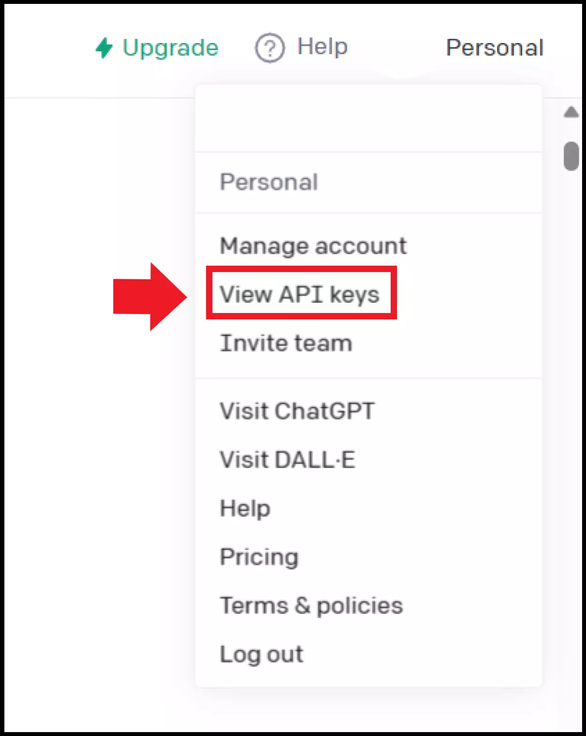 La voce “View API Keys” nel menu utente