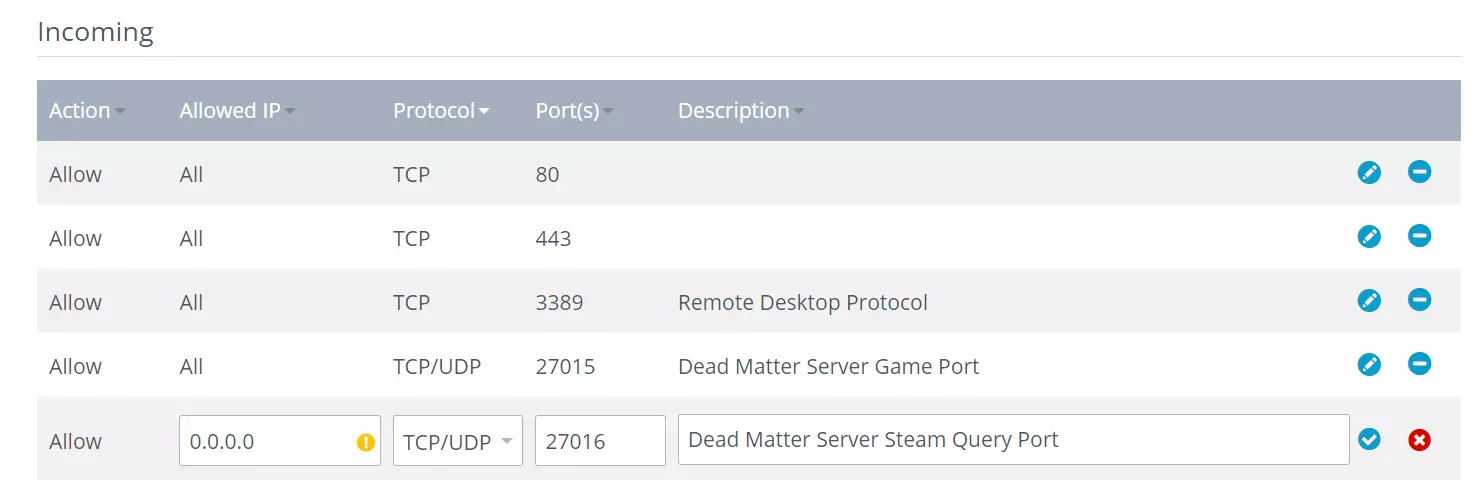 Area cliente IONOS: regole del firewall per il server Dead Matter