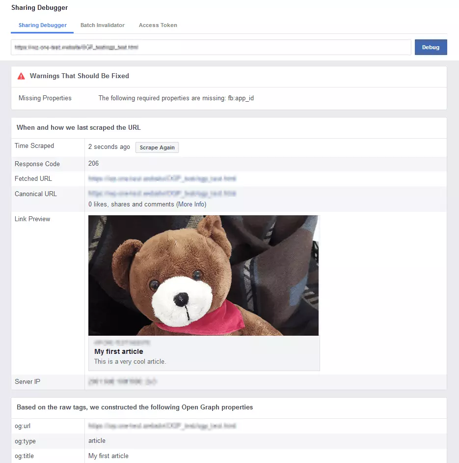 Il debugger di condivisione di Facebook per la verifica di Open Graph