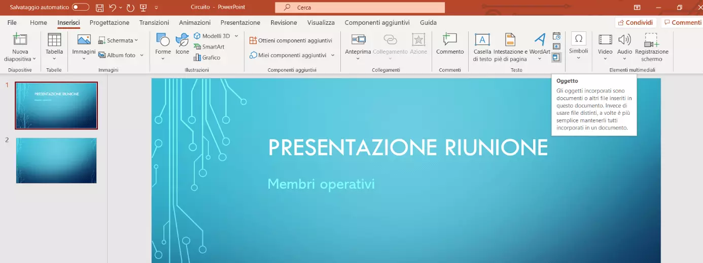 Scheda “Inserisci” di PowerPoint: pulsante “Oggetto”