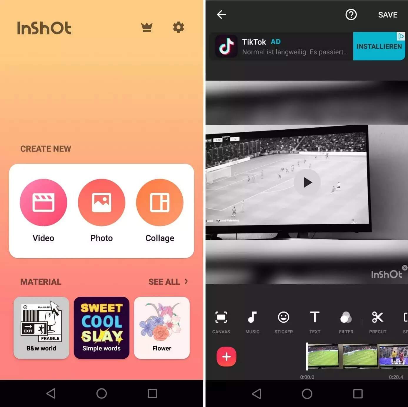 Screenshot dell’app InShOt per Android