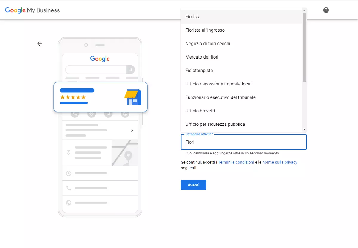 Registrarsi a Google My Business: selezionate il nome dell’attività e la categoria