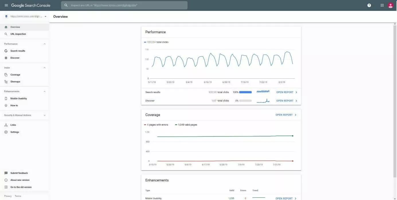 Dashboard della Search Console di Google