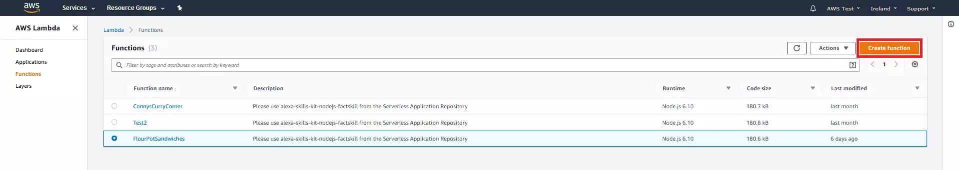 Console di AWS Management: riepilogo delle funzioni Lambda create (ancora non presenti)