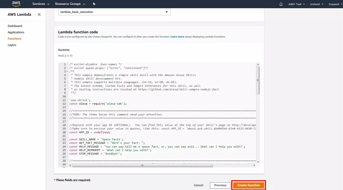 Console di AWS Management: il codice del programma del modello alexa-skill-kit-sdk-factskill