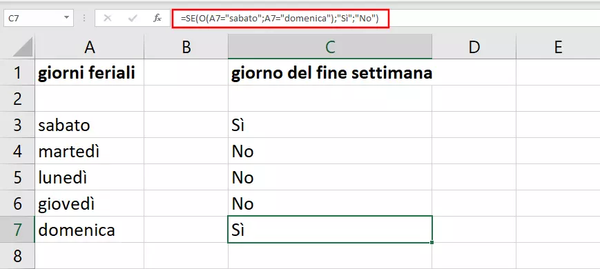 Funzione O di Excel con categorie autodefinite