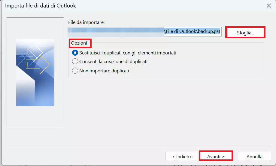 Procedura guidata di Outlook di importazione ed esportazione: selezionare il file da importare