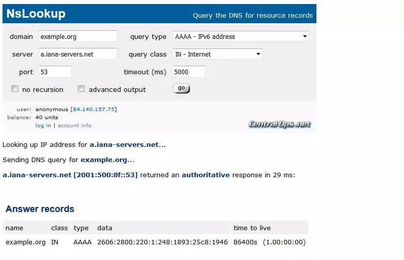 “NsLookup” su centralops.net